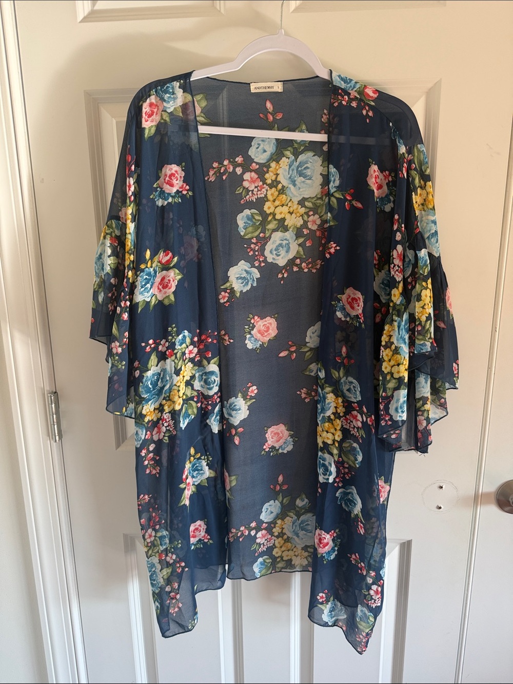 And The WhyFloral Navy Sheer Kimono Cardigan - Women's Top Small
